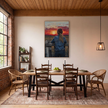 Cowgirl Prairie Sunset Western wall art in a rustic western-style room – woman in denim jacket with ponytail leaning
