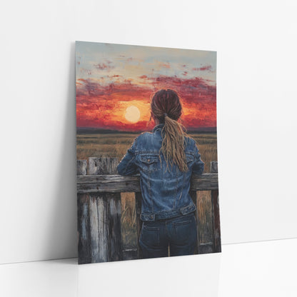 Cowgirl Prairie Sunset Western art print leaning against a white wall – woman in denim jacket with ponytail leaning