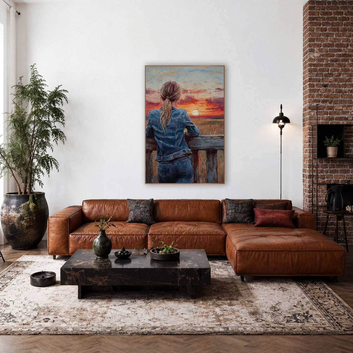 Crackled Twilight Ponytail Overlook Vintage wall art in a rustic western-style room – woman in denim jacket