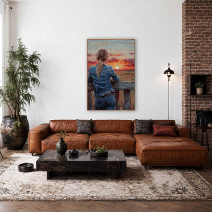Crackled Twilight Ponytail Overlook Vintage wall art in a rustic western-style room – woman in denim jacket