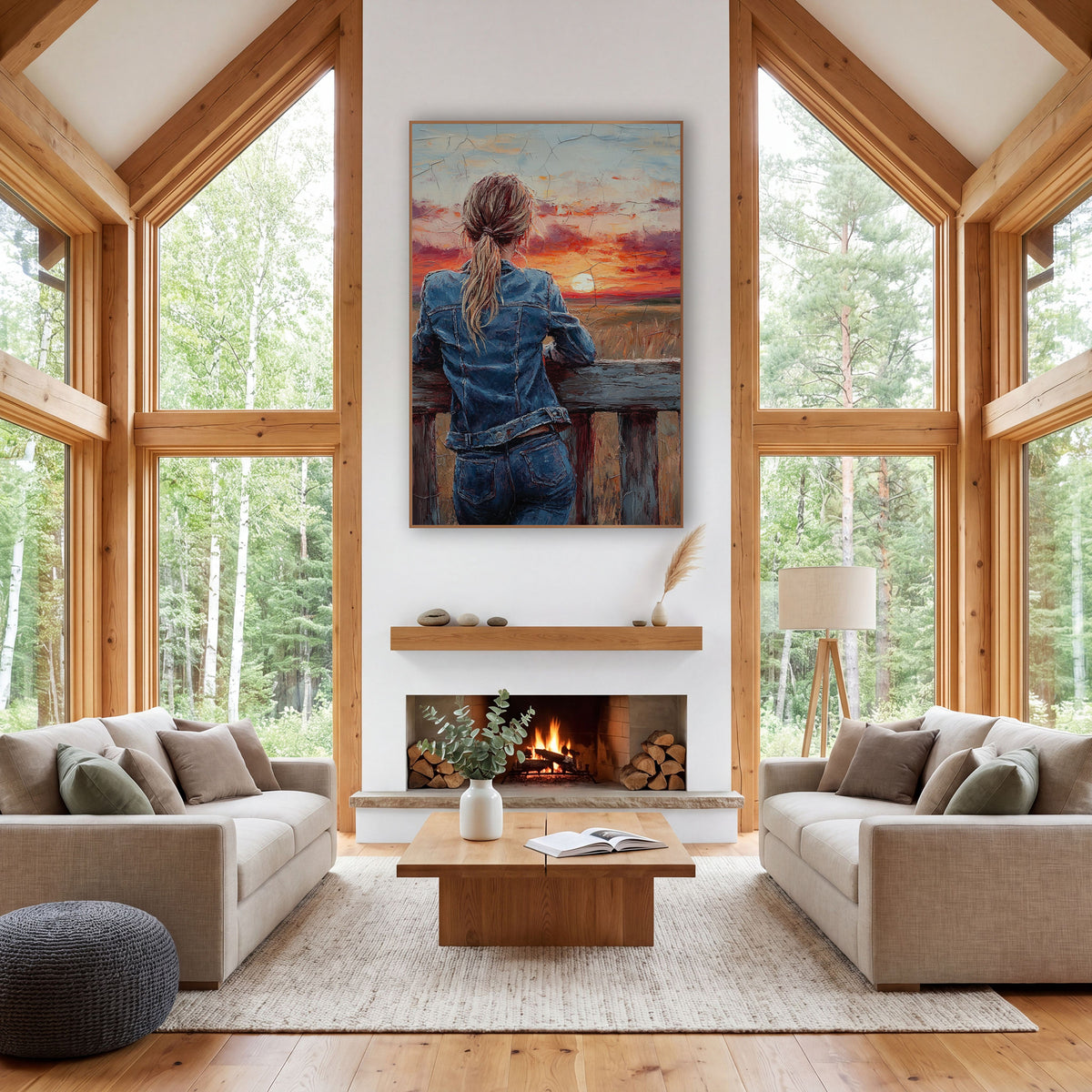 Crackled Twilight Ponytail Overlook Vintage wall art in a rustic western-style room – woman in denim jacket