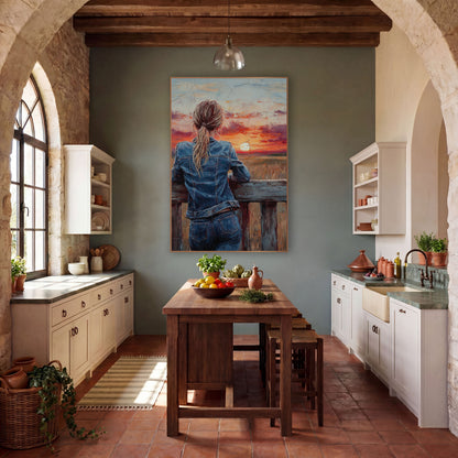 Crackled Twilight Ponytail Overlook Vintage wall art in a rustic western-style room – woman in denim jacket