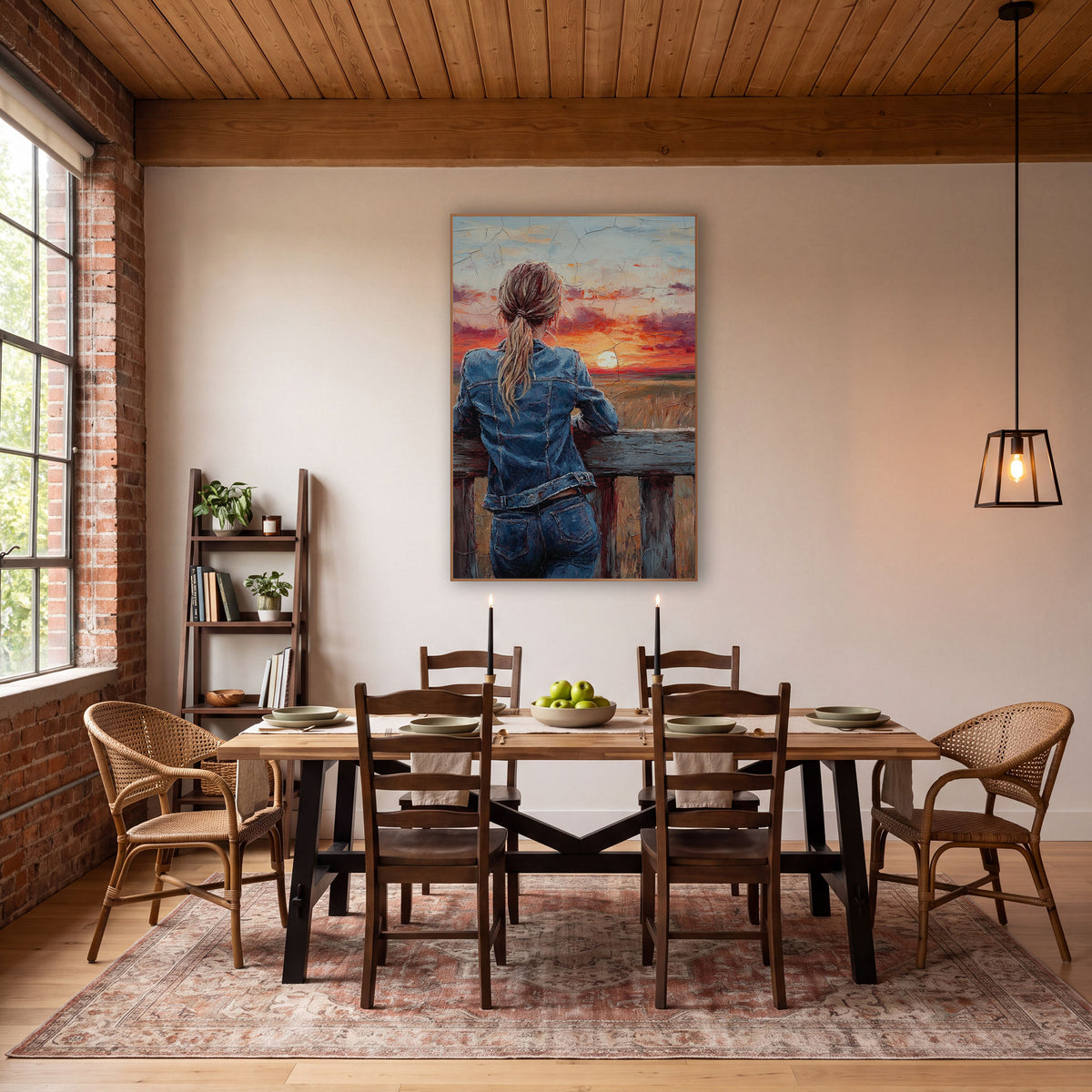 Crackled Twilight Ponytail Overlook Vintage wall art in a rustic western-style room – woman in denim jacket