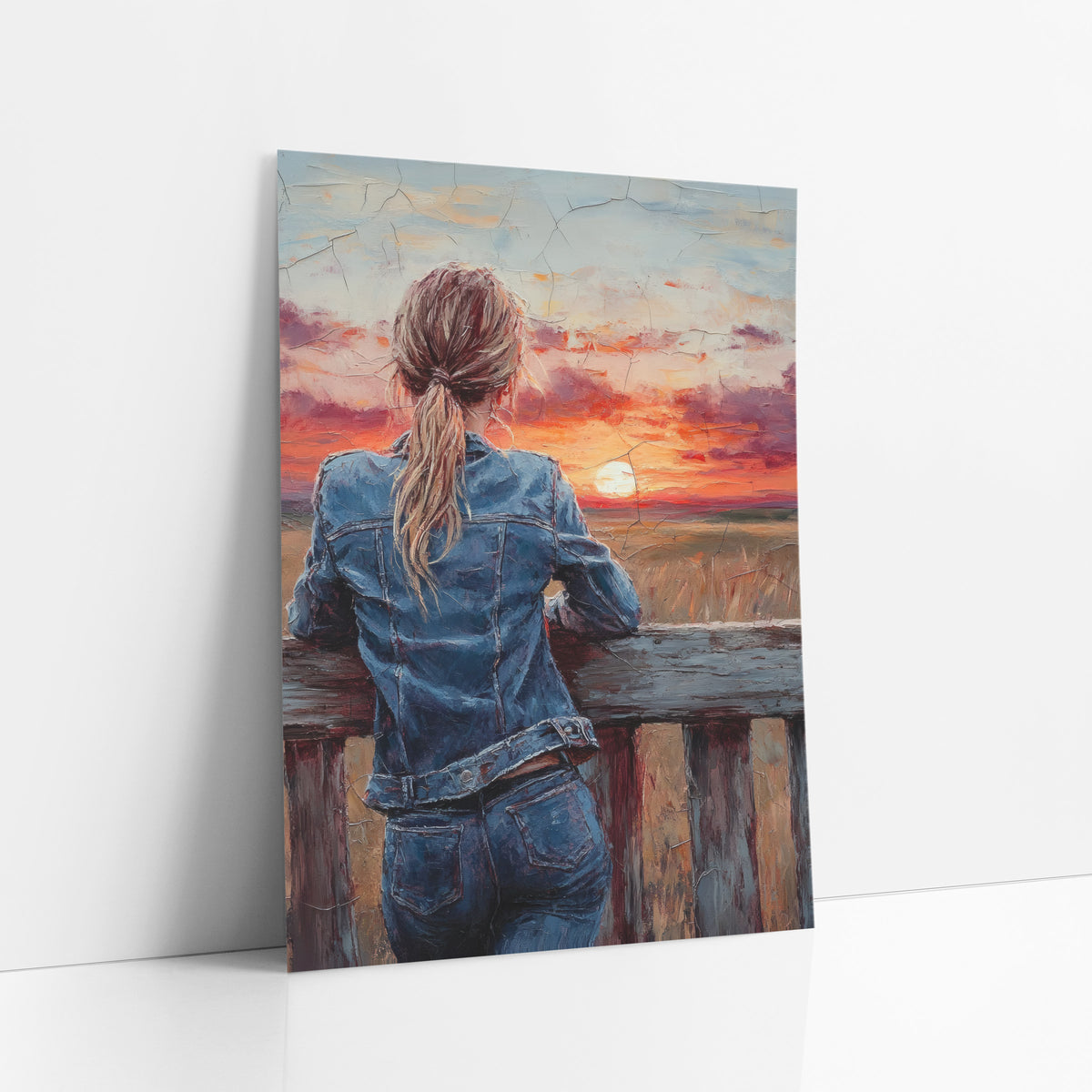 Crackled Twilight Ponytail Overlook Vintage art print leaning against a white wall – woman in denim jacket and ponytail