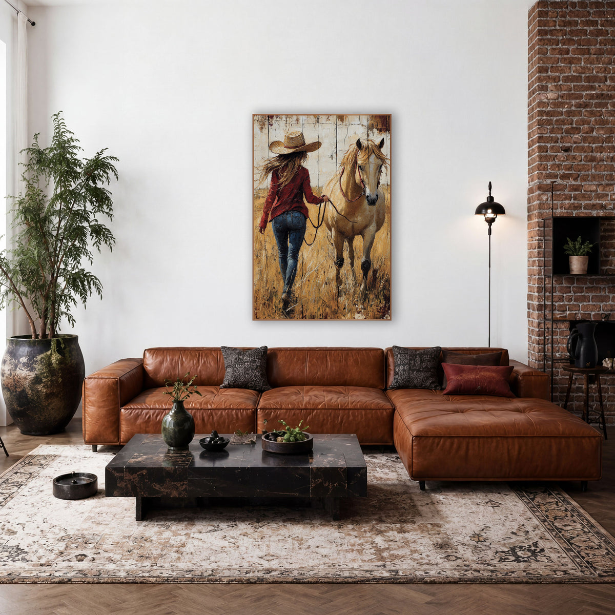 Cowgirl Walking Away Rustic Plank wall art in a rustic western-style room – woman in straw hat and red jacket leading
