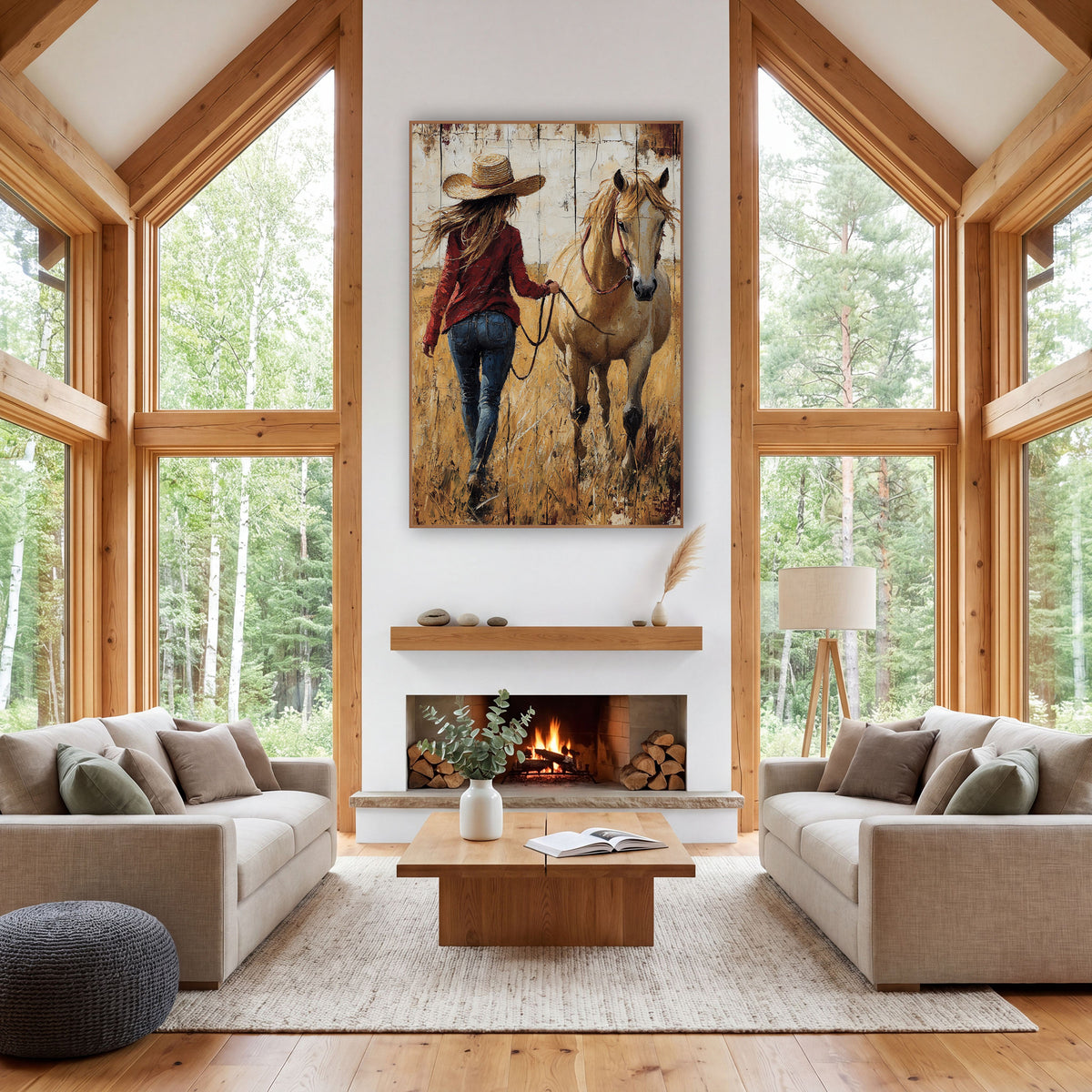 Cowgirl Walking Away Rustic Plank wall art in a rustic western-style room – woman in straw hat and red jacket leading