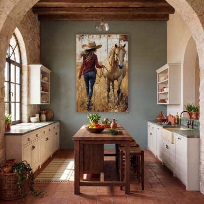 Cowgirl Walking Away Rustic Plank wall art in a rustic western-style room – woman in straw hat and red jacket leading