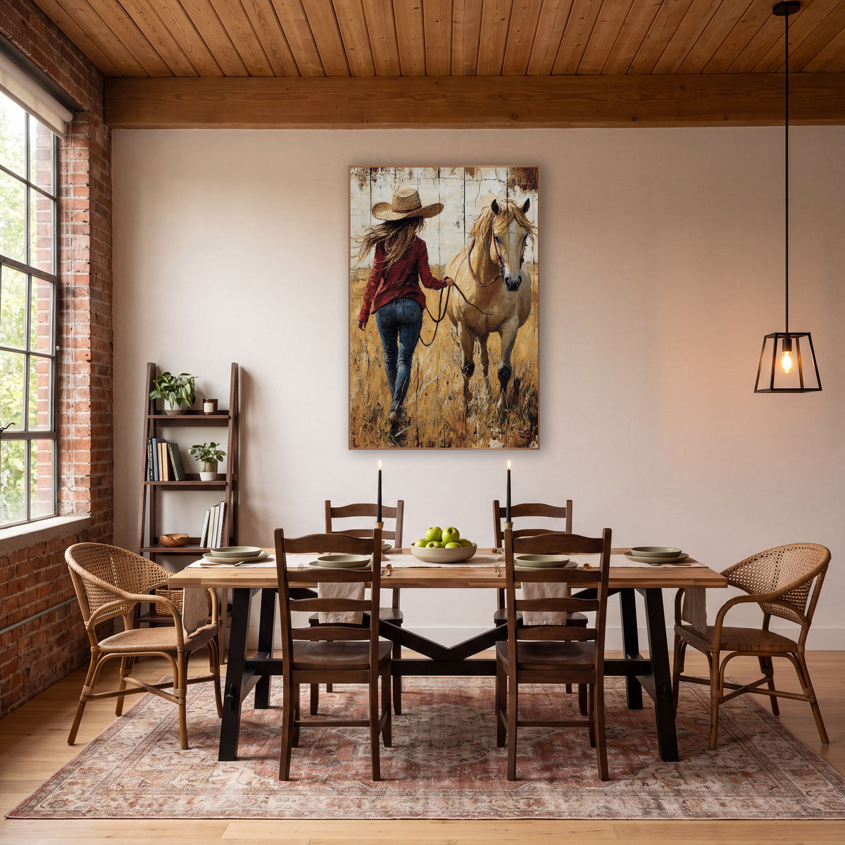 Cowgirl Walking Away Rustic Plank wall art in a rustic western-style room – woman in straw hat and red jacket leading