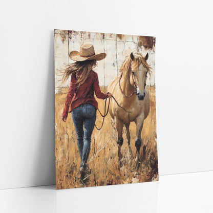 Cowgirl Walking Away Rustic Plank art print leaning against a white wall – woman in straw hat and red jacket leading