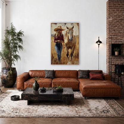 Golden Grass Cowgirl Ranch Western wall art in a rustic western-style room – cowgirl in a straw hat and burgundy shirt