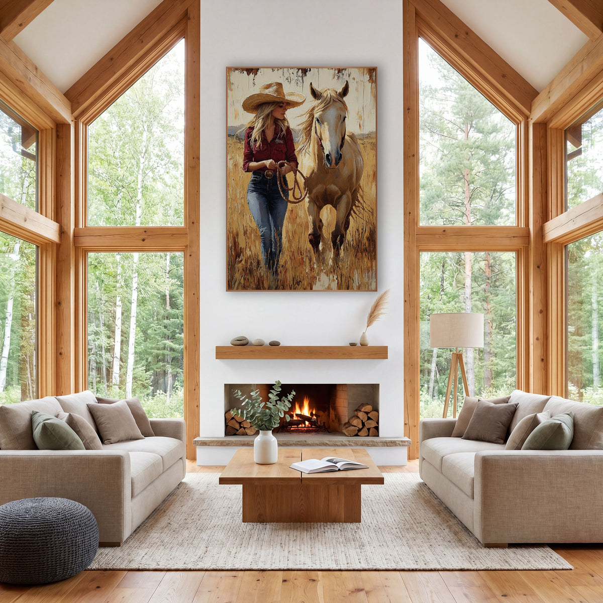 Golden Grass Cowgirl Ranch Western wall art in a rustic western-style room – cowgirl in a straw hat and burgundy shirt