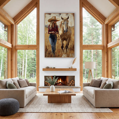 Golden Grass Cowgirl Ranch Western wall art in a rustic western-style room – cowgirl in a straw hat and burgundy shirt