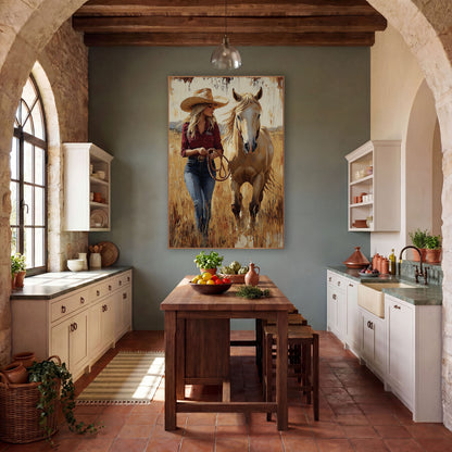 Golden Grass Cowgirl Ranch Western wall art in a rustic western-style room – cowgirl in a straw hat and burgundy shirt