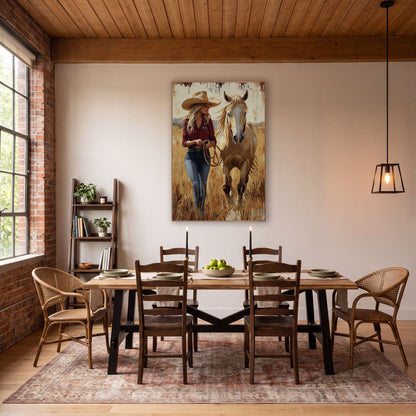 Golden Grass Cowgirl Ranch Western wall art in a rustic western-style room – cowgirl in a straw hat and burgundy shirt