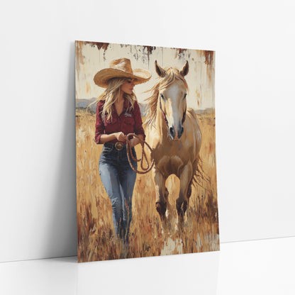 Golden Grass Cowgirl Ranch Western art print leaning against a white wall – cowgirl in a straw hat and burgundy shirt leading