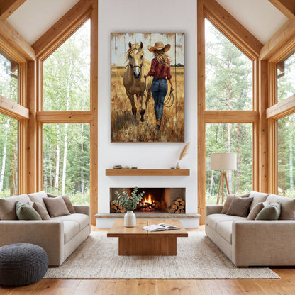 Cowgirl Walking Away Palomino Rustic wall art in a rustic western-style room – cowgirl in a straw hat and red shirt