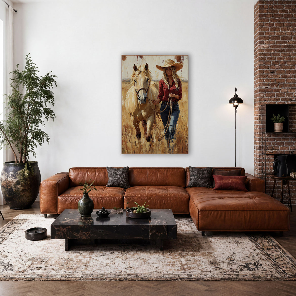 Palomino Facing Forward Cowgirl Portrait wall art in a rustic western-style room – cowgirl in straw hat and red shirt