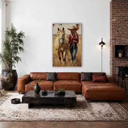 Palomino Facing Forward Cowgirl Portrait wall art in a rustic western-style room – cowgirl in straw hat and red shirt