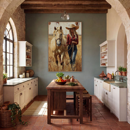 Palomino Facing Forward Cowgirl Portrait wall art in a rustic western-style room – cowgirl in straw hat and red shirt