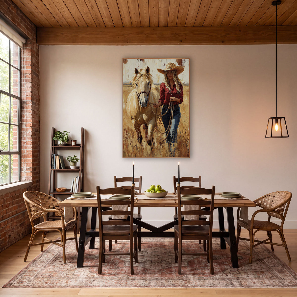 Palomino Facing Forward Cowgirl Portrait wall art in a rustic western-style room – cowgirl in straw hat and red shirt