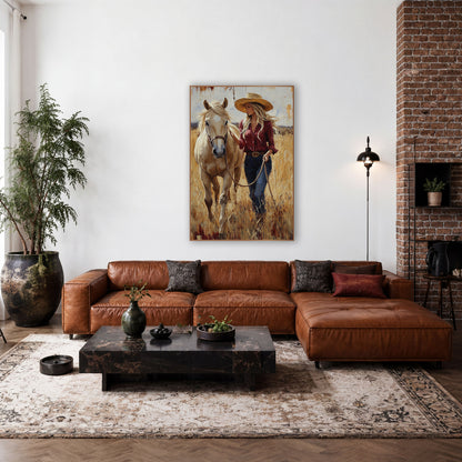 Palomino Facing Forward Cowgirl Lead Rope wall art in a rustic western-style room – woman in straw hat and burgundy