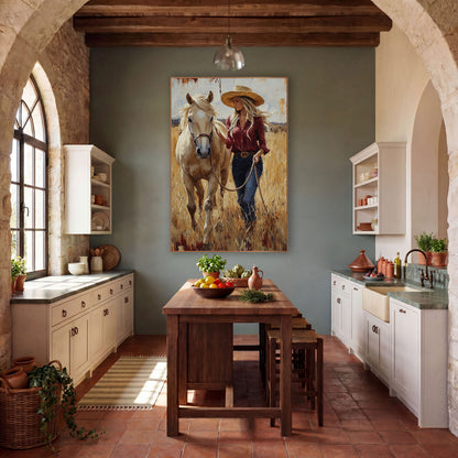 Palomino Facing Forward Cowgirl Lead Rope wall art in a rustic western-style room – woman in straw hat and burgundy
