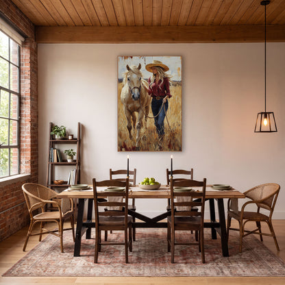 Palomino Facing Forward Cowgirl Lead Rope wall art in a rustic western-style room – woman in straw hat and burgundy