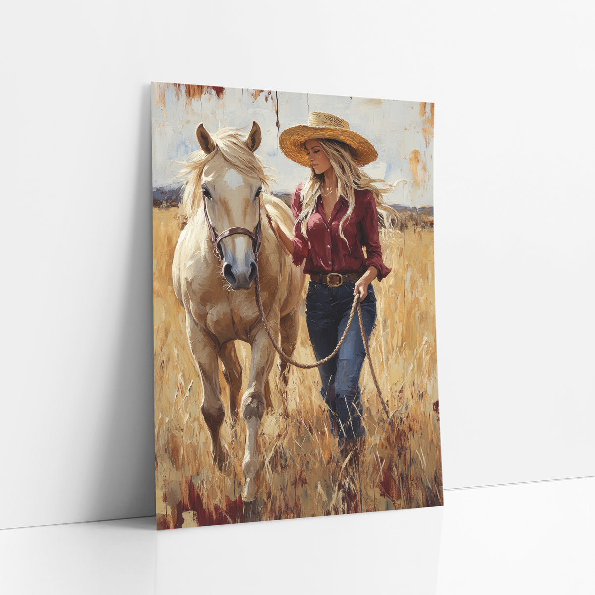 Palomino Facing Forward Cowgirl Lead Rope art print leaning against a white wall – woman in straw hat and burgundy shirt
