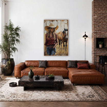 Straw Hat Cowgirl Bay Weathered wall art in a rustic western-style room – cowgirl in a straw hat and rust red shirt