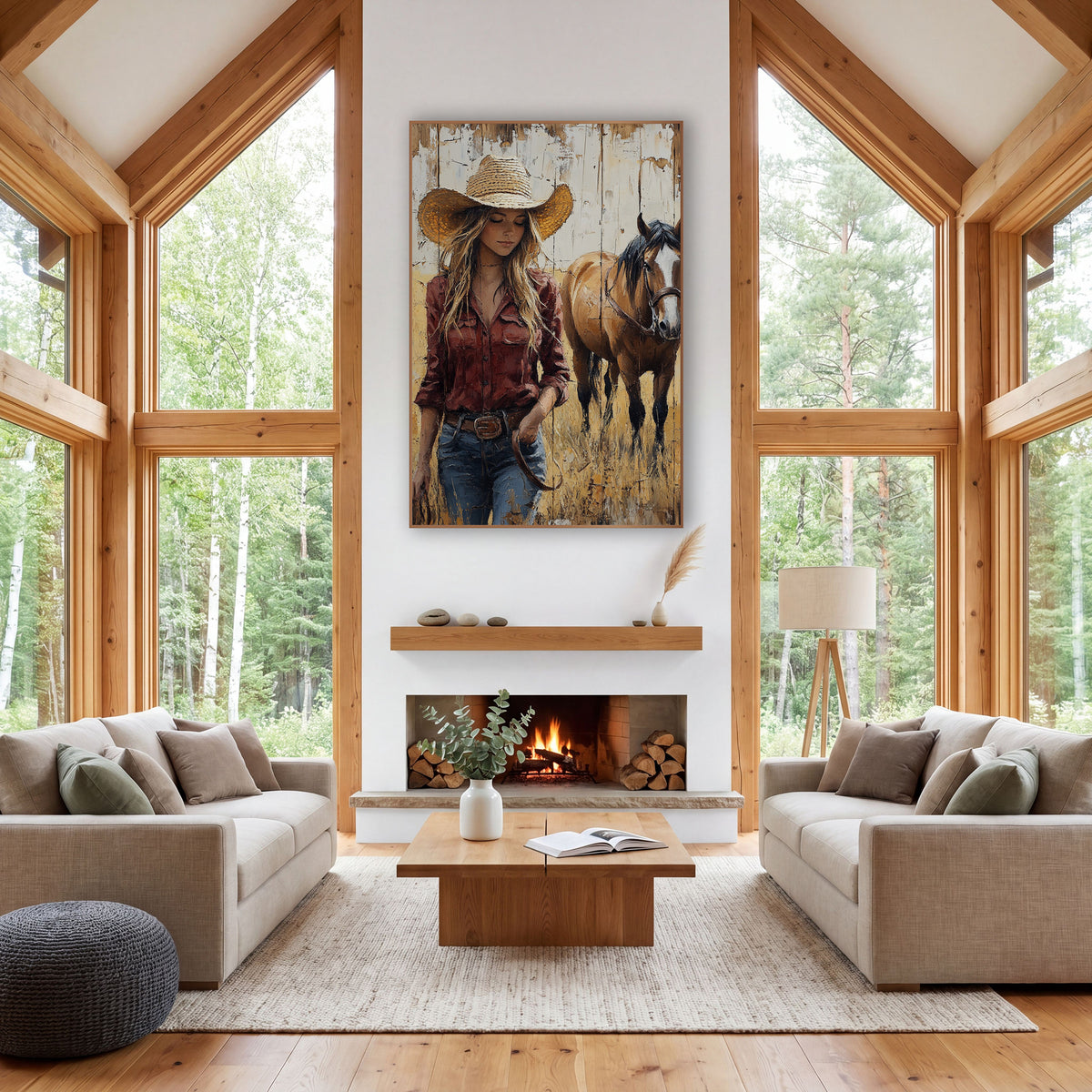 Straw Hat Cowgirl Bay Weathered wall art in a rustic western-style room – cowgirl in a straw hat and rust red shirt
