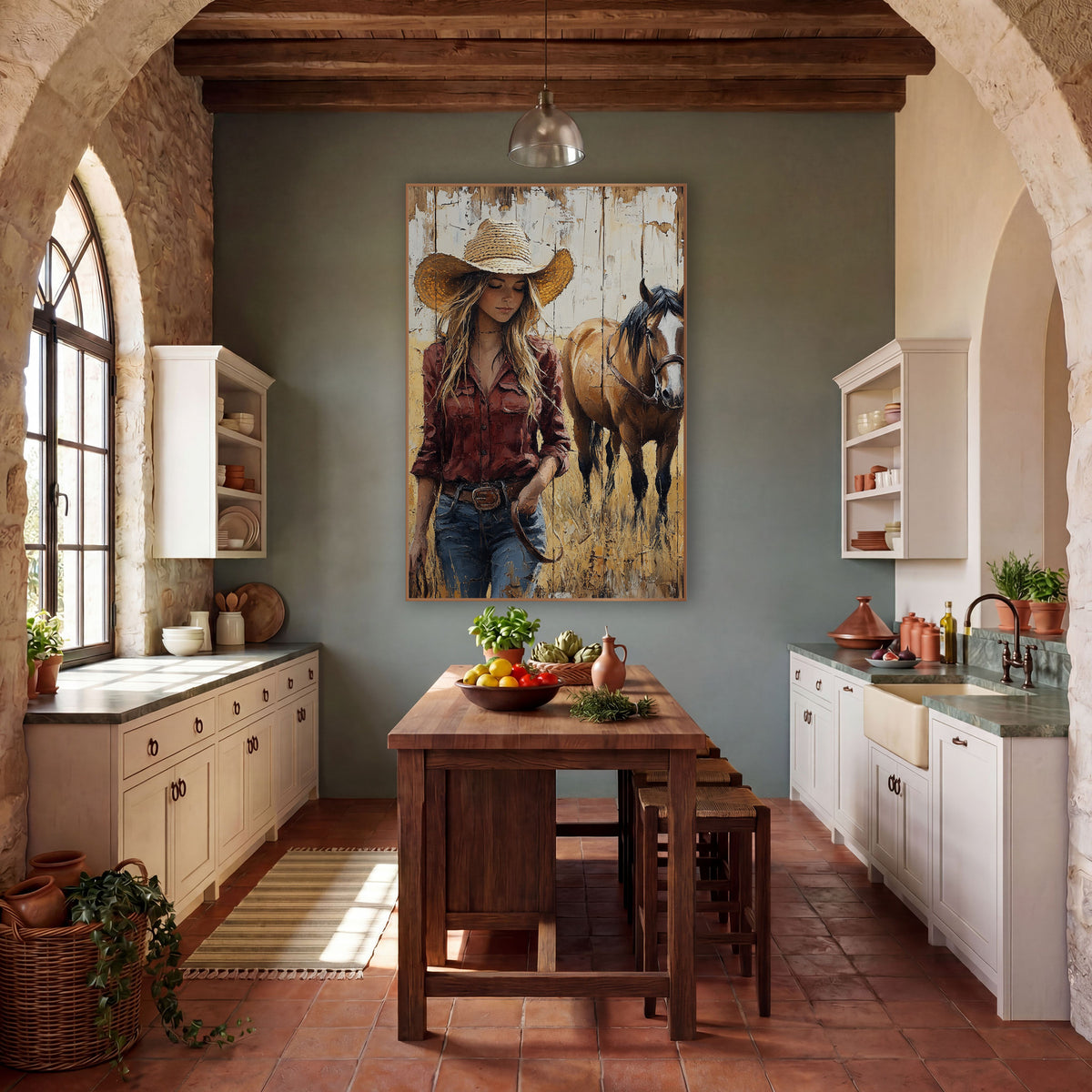 Straw Hat Cowgirl Bay Weathered wall art in a rustic western-style room – cowgirl in a straw hat and rust red shirt