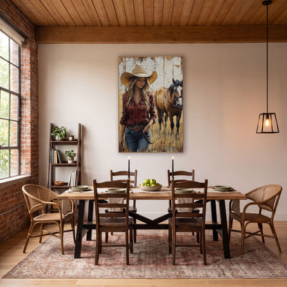 Straw Hat Cowgirl Bay Weathered wall art in a rustic western-style room – cowgirl in a straw hat and rust red shirt