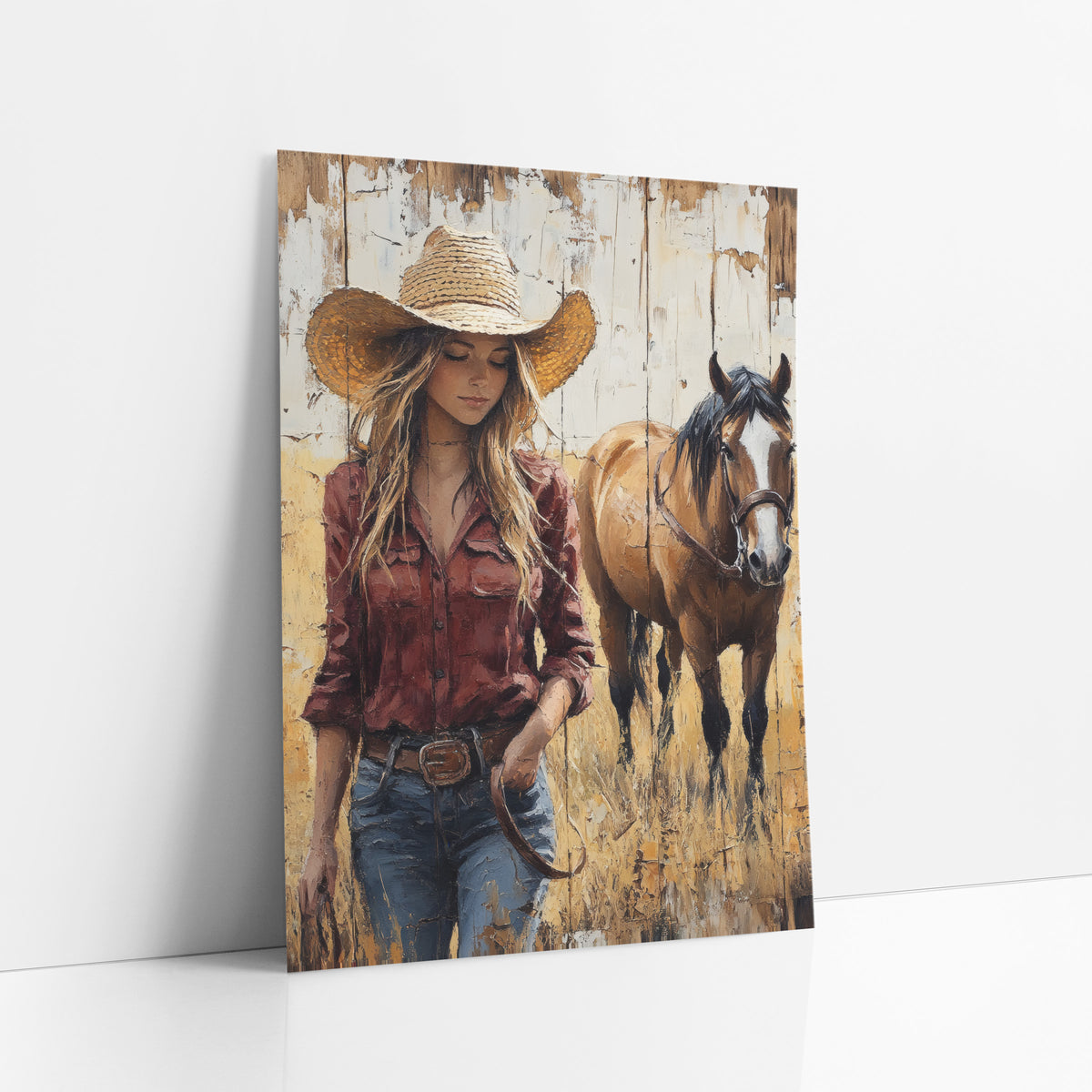 Straw Hat Cowgirl Bay Weathered art print leaning against a white wall – cowgirl in a straw hat and rust red shirt walking