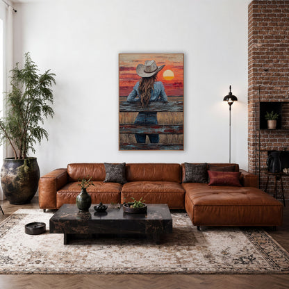 Cowgirl at Sunset Fence Western wall art in a rustic western-style room – cowgirl in white hat and denim seen