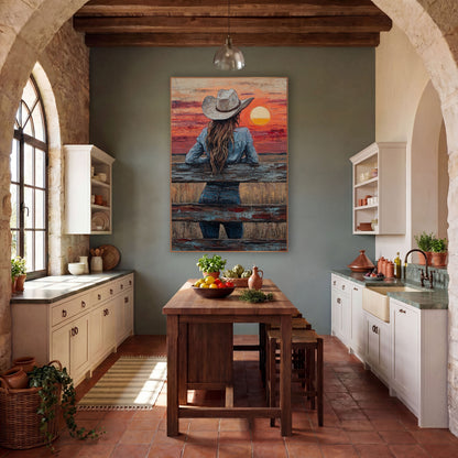 Cowgirl at Sunset Fence Western wall art in a rustic western-style room – cowgirl in white hat and denim seen