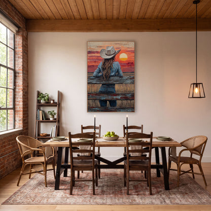 Cowgirl at Sunset Fence Western wall art in a rustic western-style room – cowgirl in white hat and denim seen