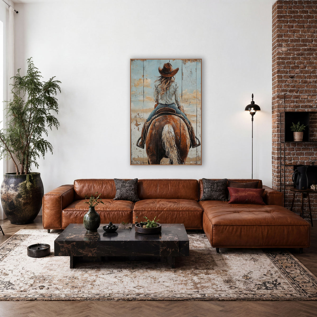 Cowgirl Wind-Blown Hair Sky Rustic wall art in a rustic western-style room – cowgirl in a brown hat seen from behind