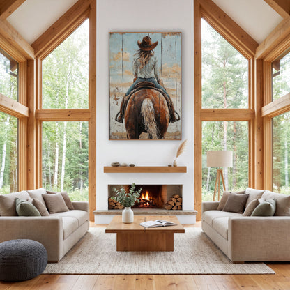 Cowgirl Wind-Blown Hair Sky Rustic wall art in a rustic western-style room – cowgirl in a brown hat seen from behind