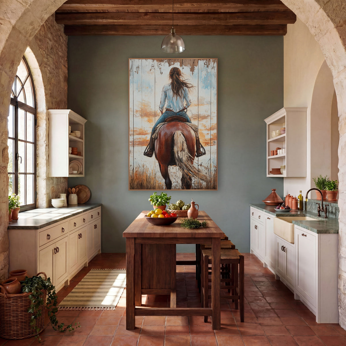 Ponytail Rider Sunset Grasses Rustic wall art in a rustic western-style room – cowgirl in a blue shirt riding