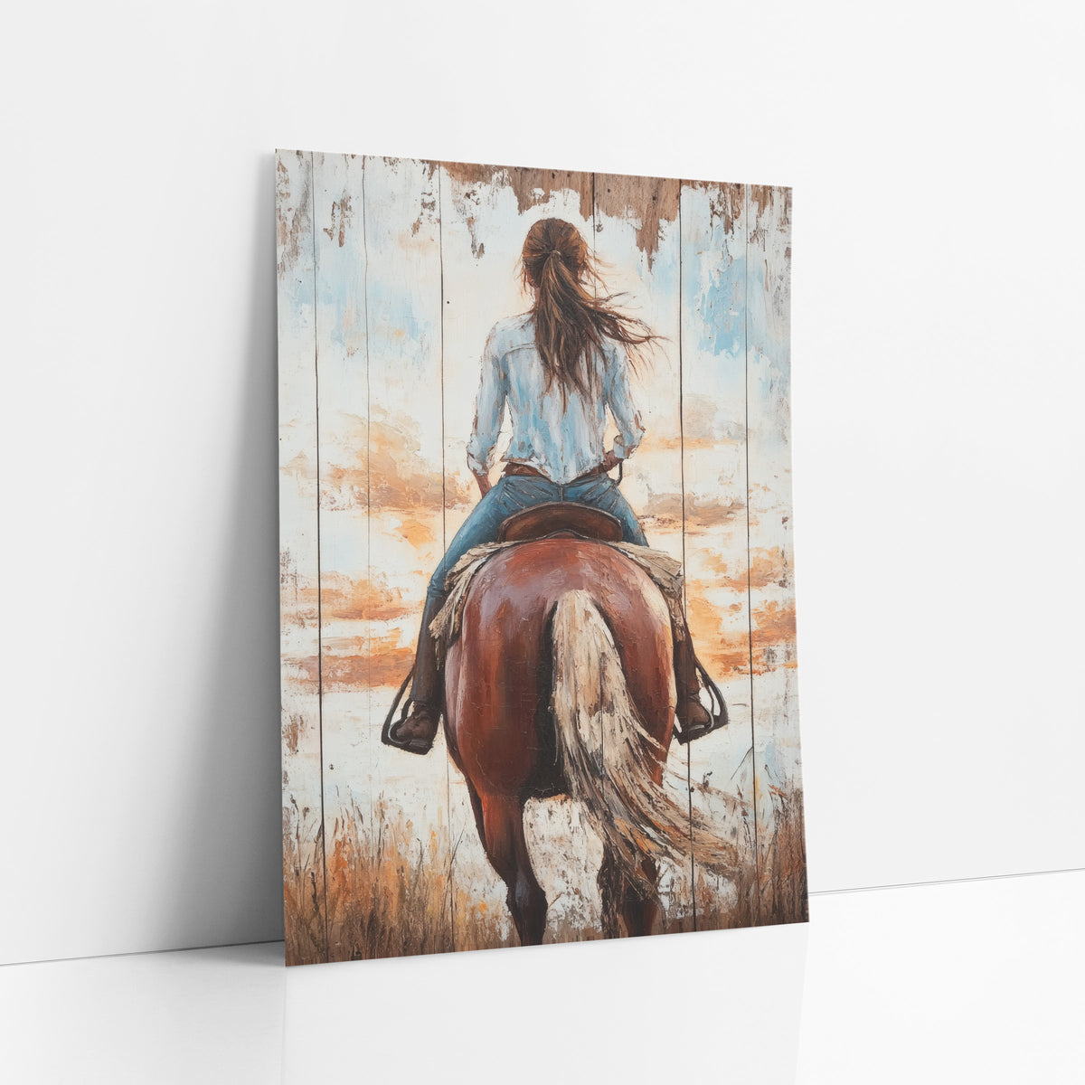 Ponytail Rider Sunset Grasses Rustic art print leaning against a white wall – cowgirl in a blue shirt riding a chestnut horse