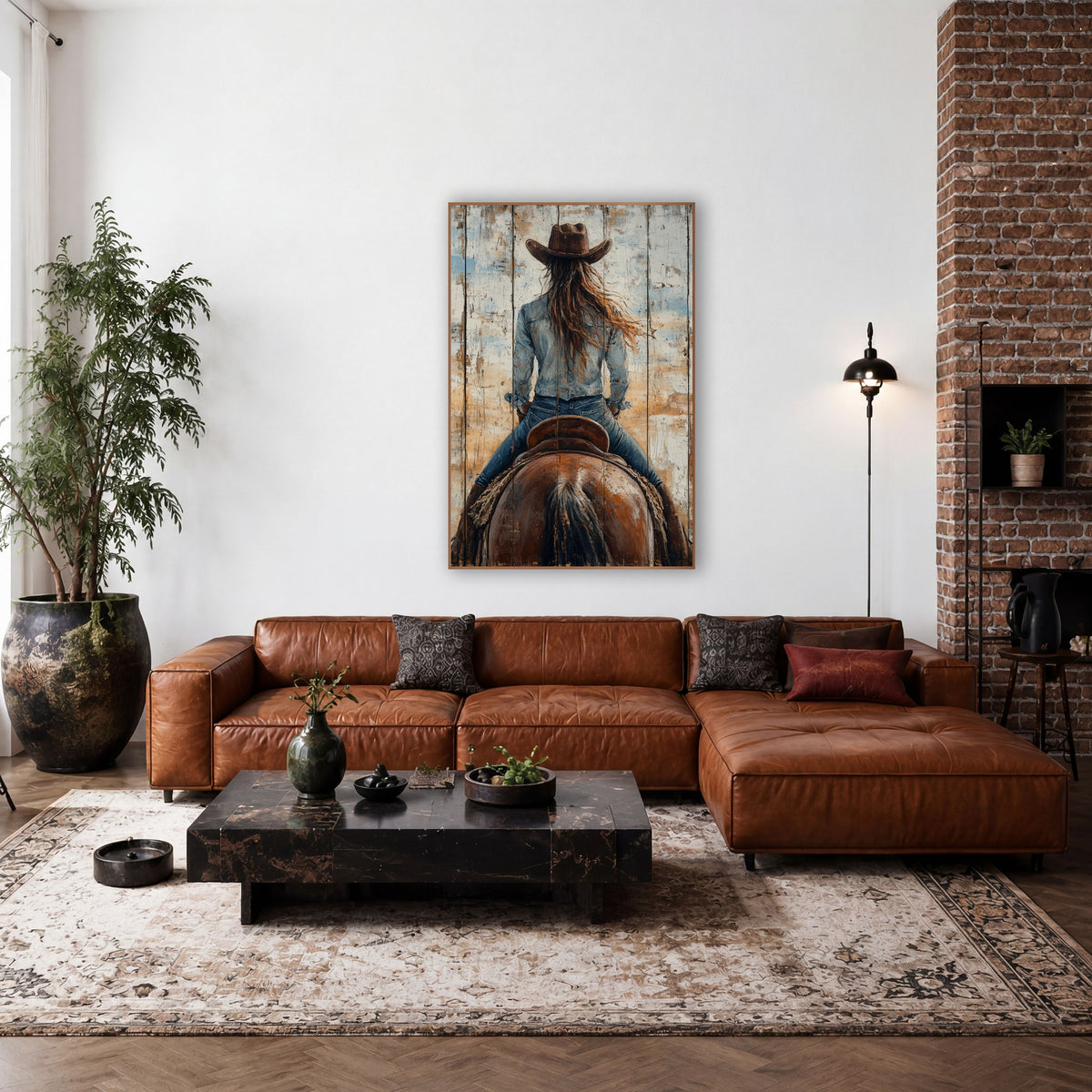 Denim Shirt Rider Closeup Distressed wall art in a rustic western-style room – cowgirl in brown hat and denim seen