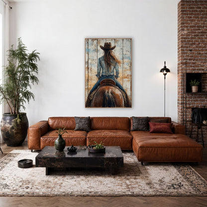 Denim Shirt Rider Closeup Distressed wall art in a rustic western-style room – cowgirl in brown hat and denim seen