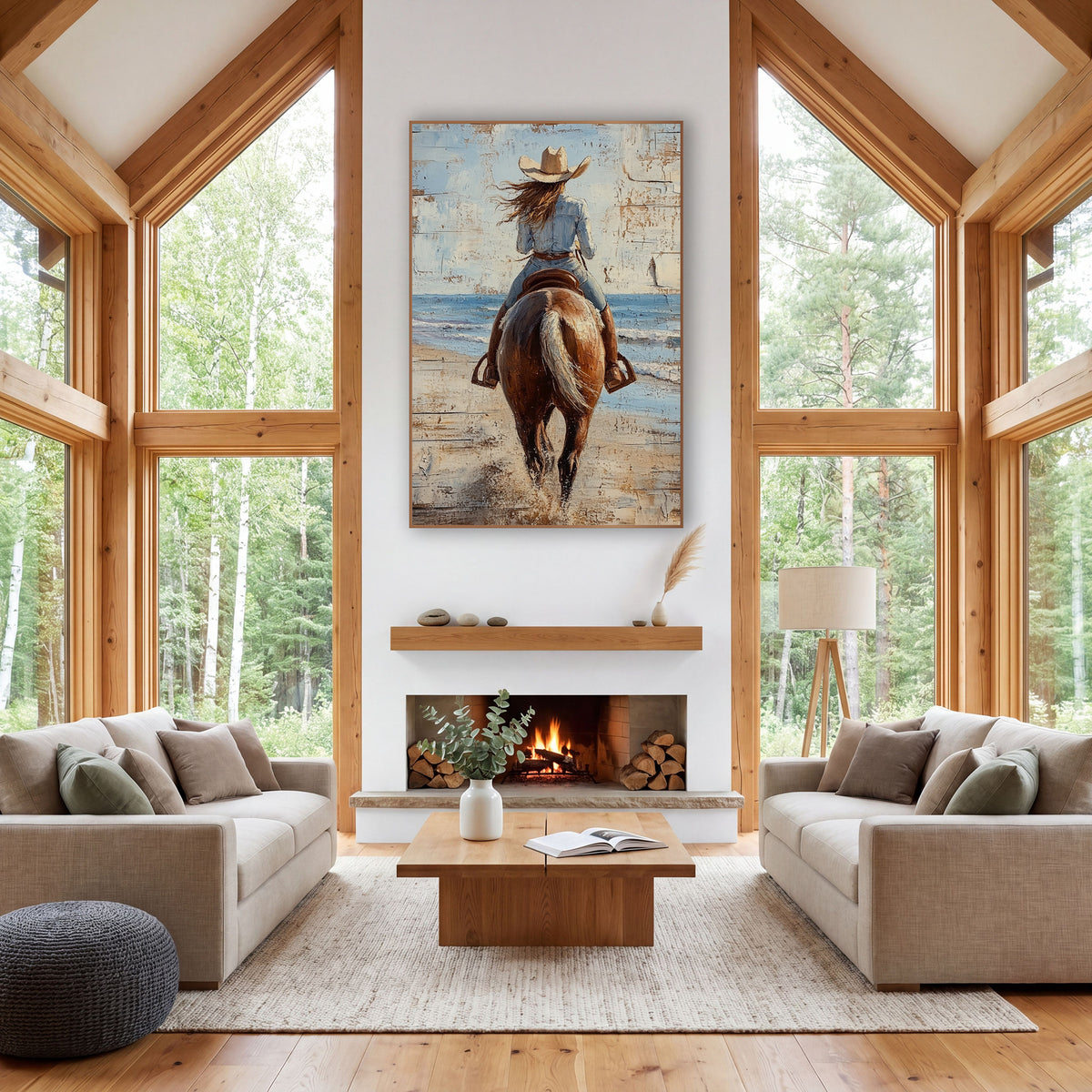 Galloping Surf Cowgirl Rustic Plank wall art in a rustic western-style room – cowgirl in a cream hat and denim shirt