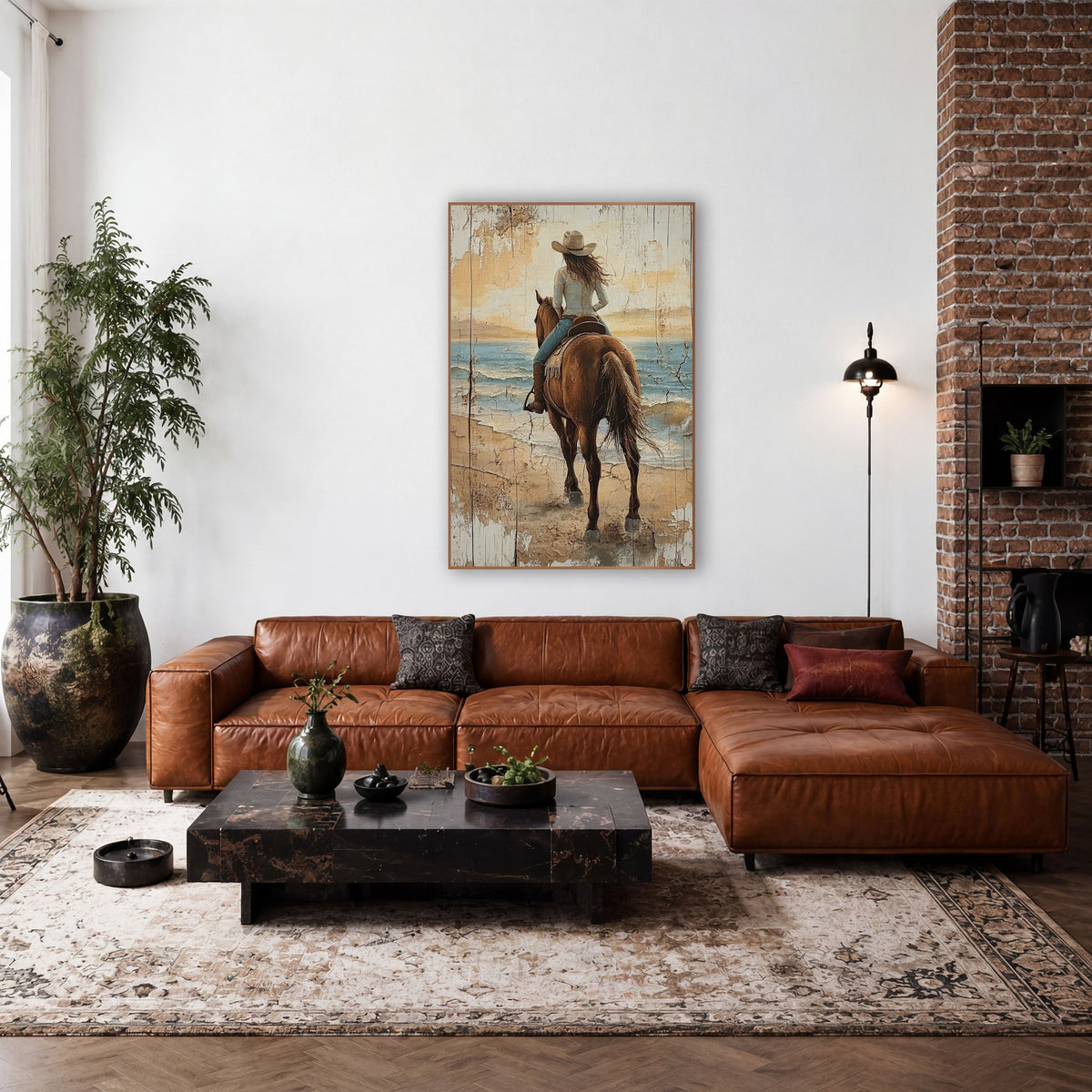 Golden Horizon Cowgirl Cracked Western wall art in a rustic western-style room – cowgirl in hat riding a brown horse