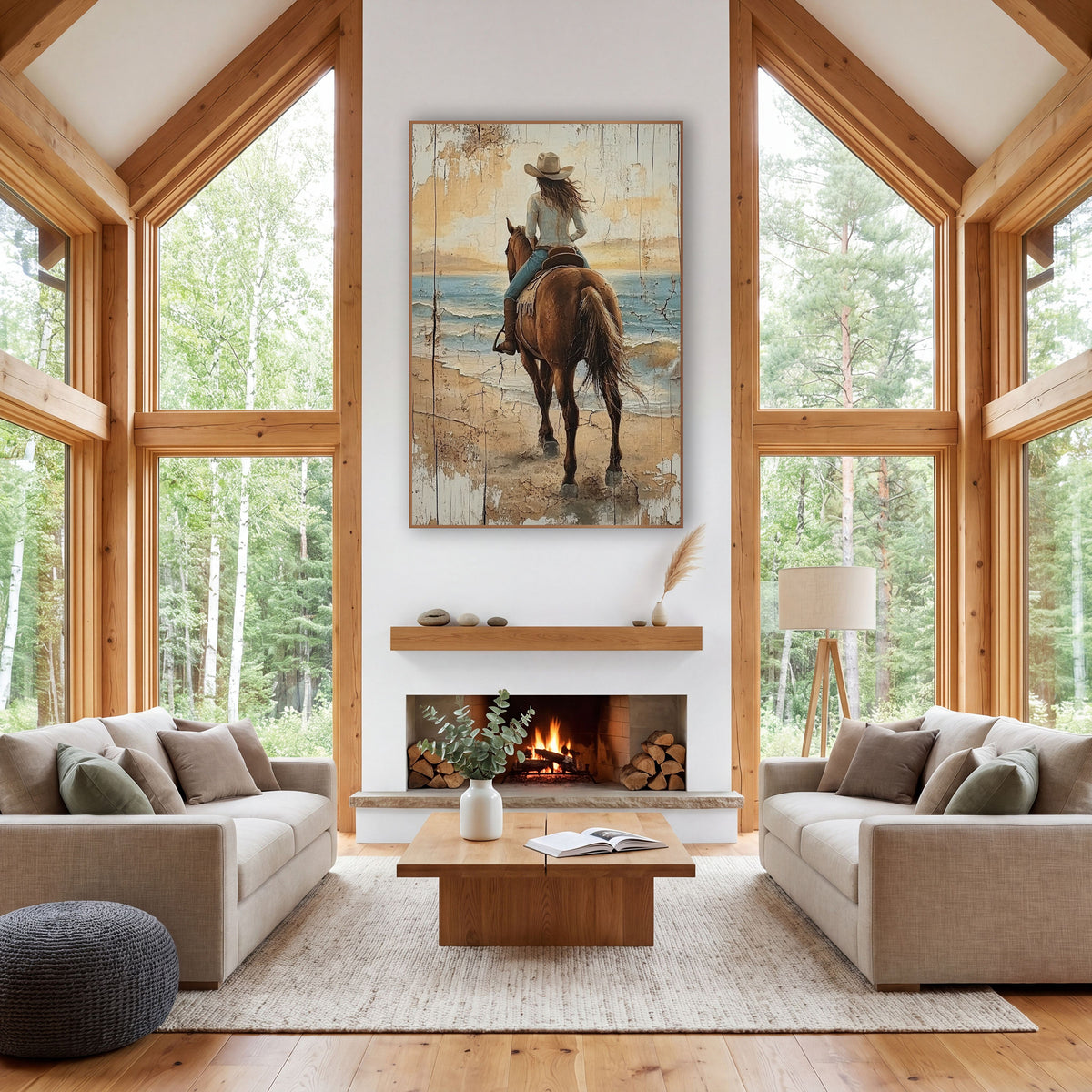 Golden Horizon Cowgirl Cracked Western wall art in a rustic western-style room – cowgirl in hat riding a brown horse
