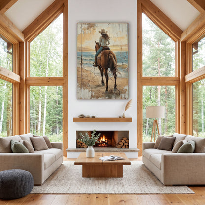 Golden Horizon Cowgirl Cracked Western wall art in a rustic western-style room – cowgirl in hat riding a brown horse