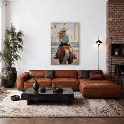 Windswept Blonde Cowgirl Close Western wall art in a rustic western-style room – cowgirl in a cream hat and blue shirt
