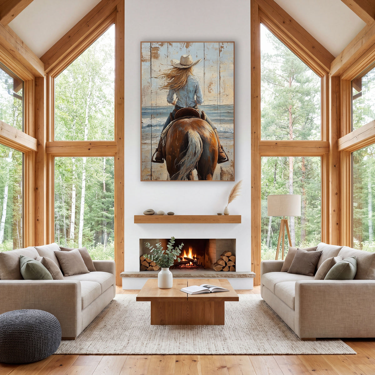 Windswept Blonde Cowgirl Close Western wall art in a rustic western-style room – cowgirl in a cream hat and blue shirt