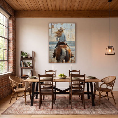 Windswept Blonde Cowgirl Close Western wall art in a rustic western-style room – cowgirl in a cream hat and blue shirt