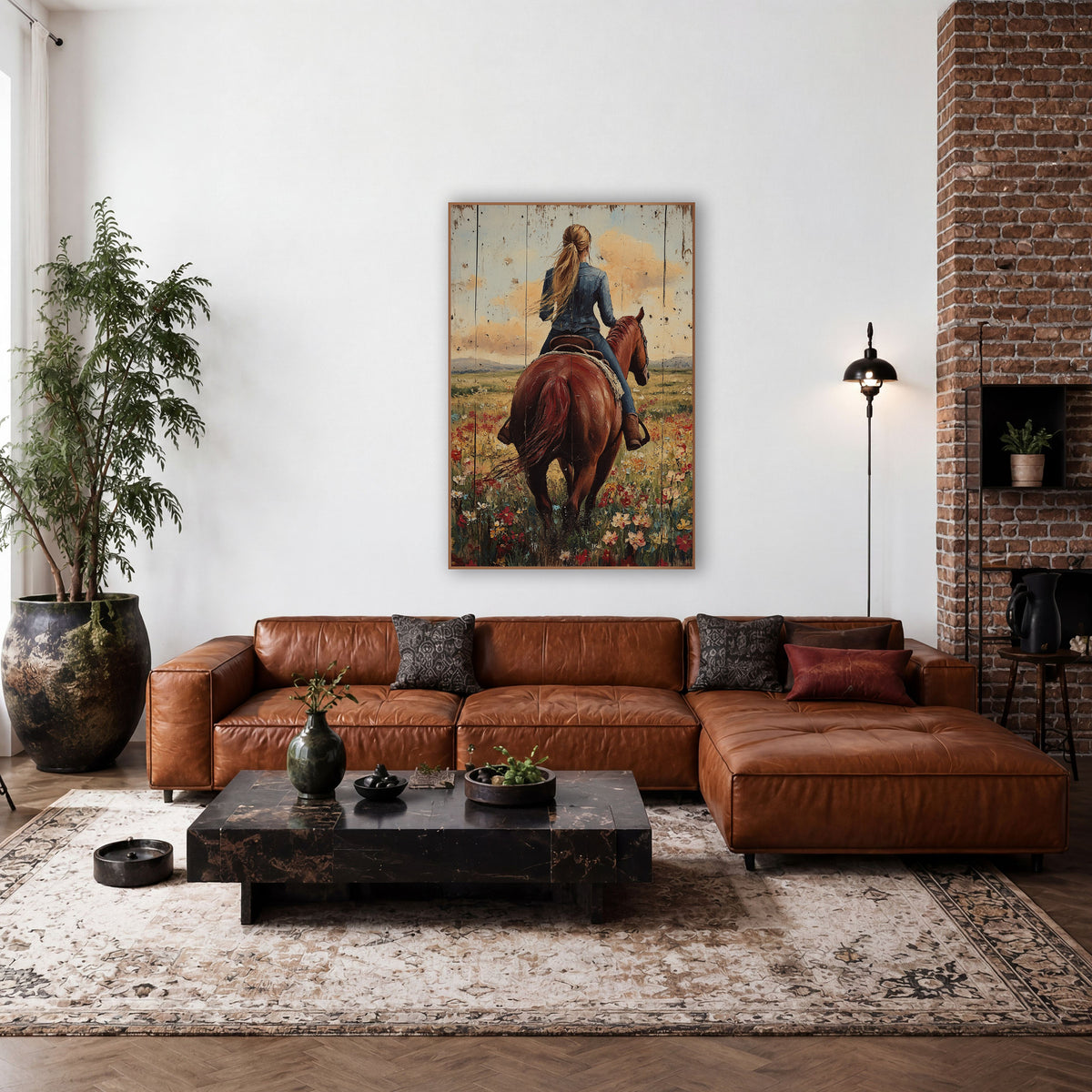 Ponytail Cowgirl Chestnut Horse Sunset Western wall art in a rustic western-style room – cowgirl with long blonde